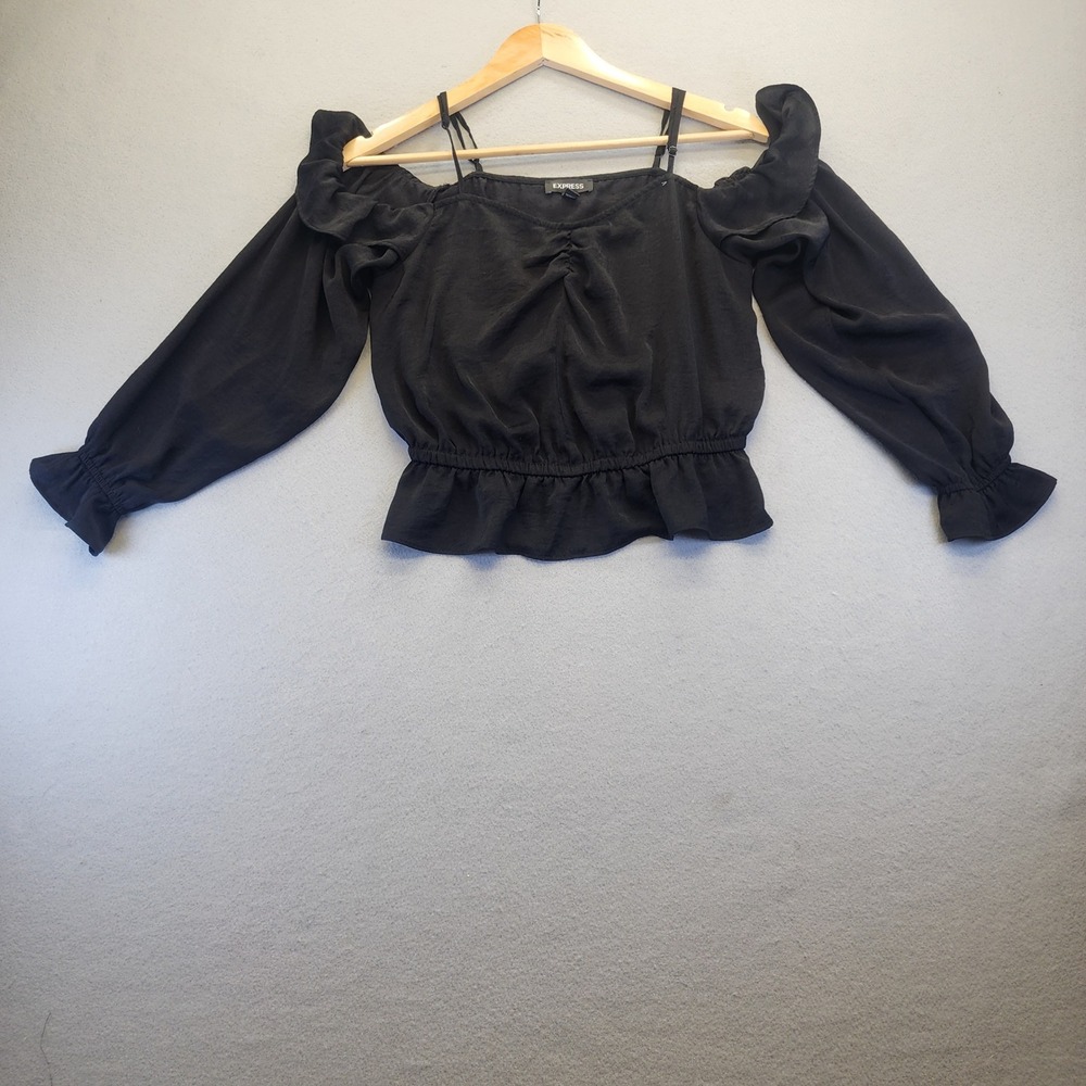 Express Black‎ Cold Shoulder Ruffle Blouse Long Sleeve Peplum Top Womens Medium